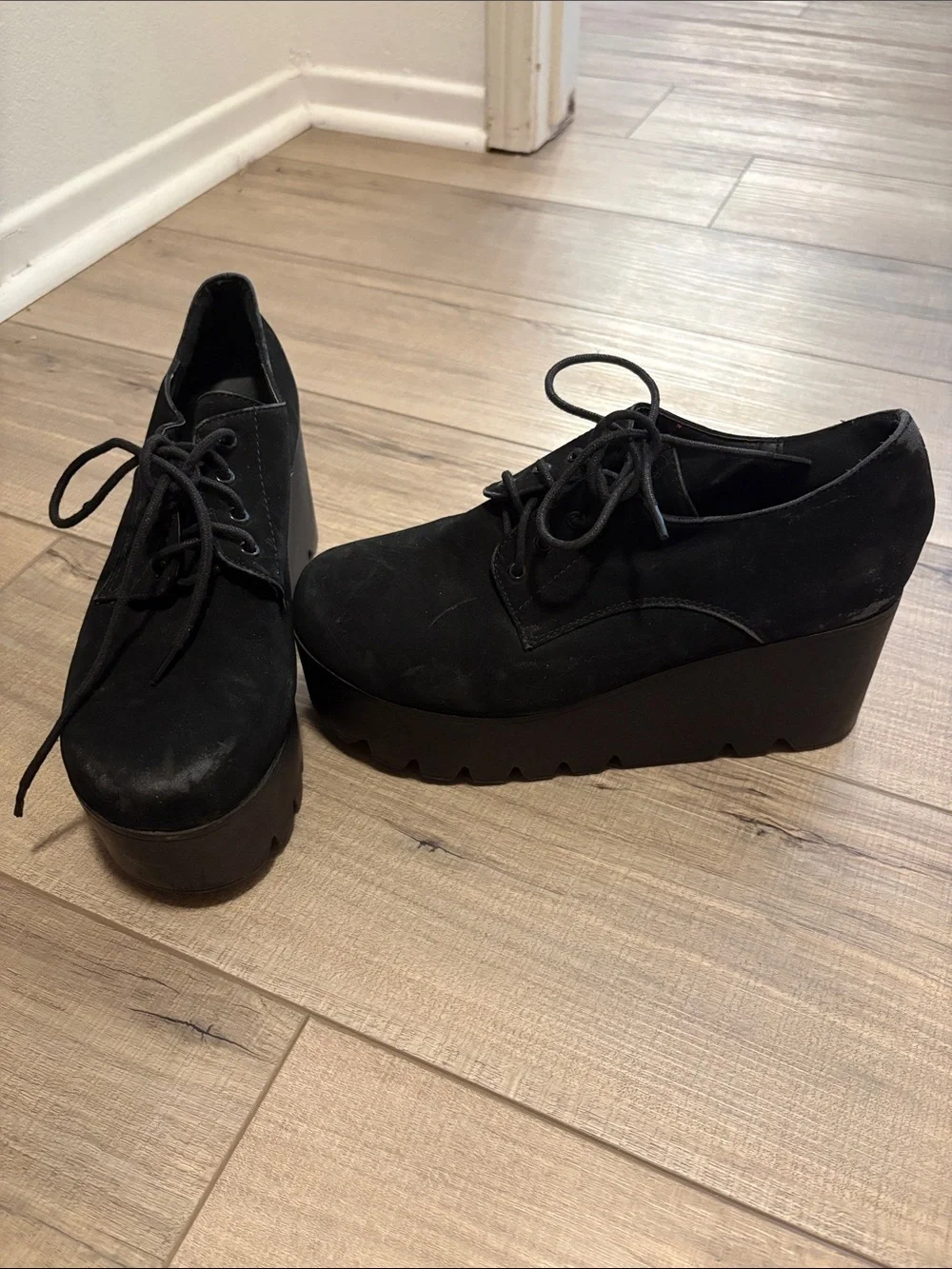 Top Moda Black Faux Suede Platform Wedge Oxford Shoes Size 8